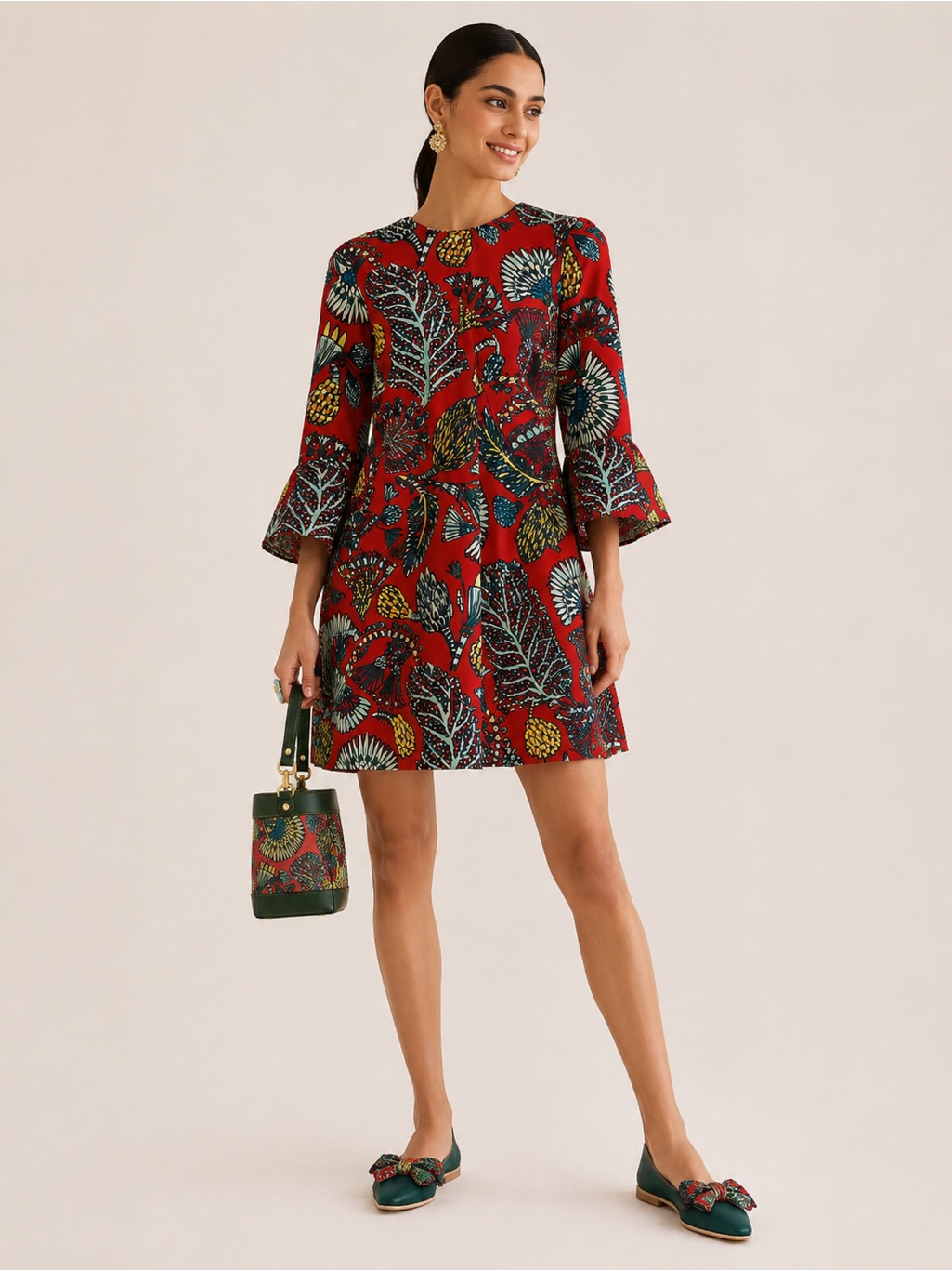 La Doublej 24/7 Mini Dress Sicomore Red Bell Sleeve Italian Dress
